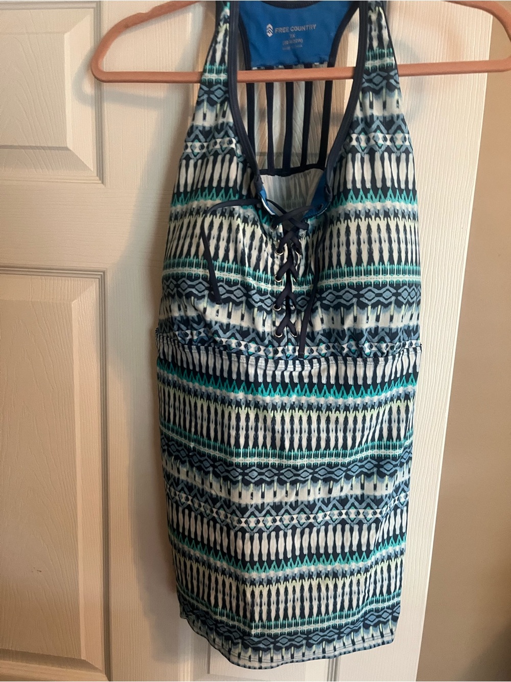 Free Country Blue Teal Striped Halter Swim Dress